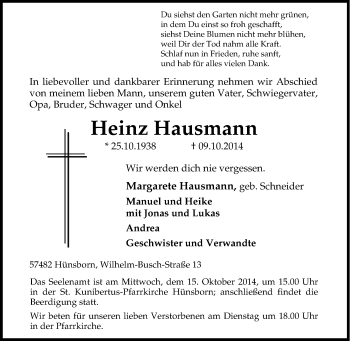 Traueranzeige von Heinz Hausmann von Tageszeitung