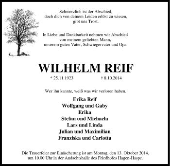 Traueranzeige von Wilhelm Reif von Tageszeitung