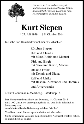 Traueranzeige von Kurt Siepen von Tageszeitung