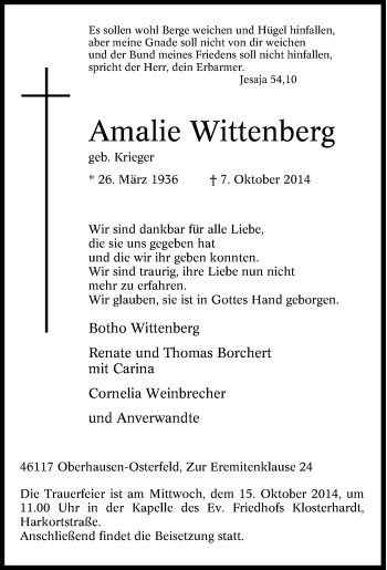 Traueranzeige von Amalie Wittenberg von Tageszeitung