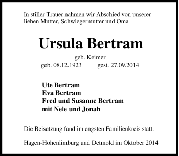 Traueranzeige von Ursula Bertram von Tageszeitung