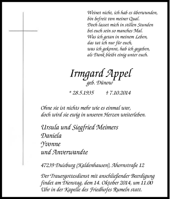 Traueranzeige von Irmgard Appel von Tageszeitung
