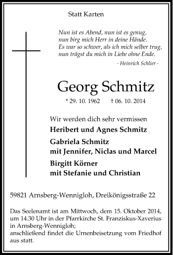 Traueranzeige von Georg Schmitz von Tageszeitung