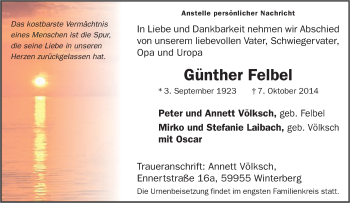 Traueranzeige von Günther Felbel von Tageszeitung
