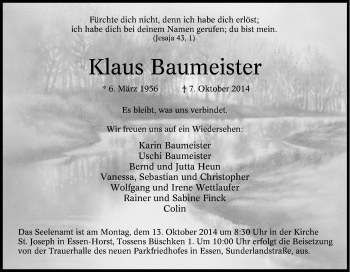 Traueranzeige von Klaus Baumeister von Tageszeitung