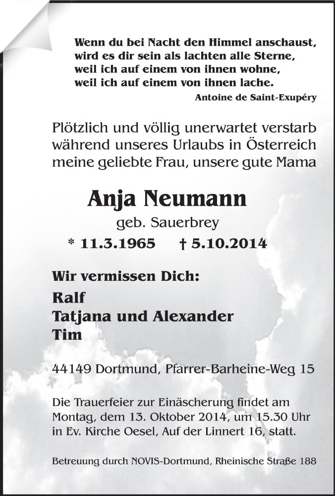  Traueranzeige für Anja Neumann vom 10.10.2014 aus Tageszeitung