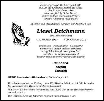 Traueranzeige von Liesel Deichmann von Tageszeitung