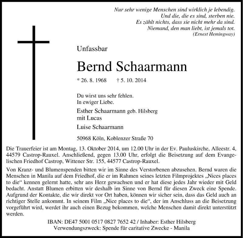  Traueranzeige für Bernd  Schaarmann vom 11.10.2014 aus Tageszeitung