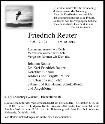 Traueranzeige von Friedrich  Reuter von Tageszeitung