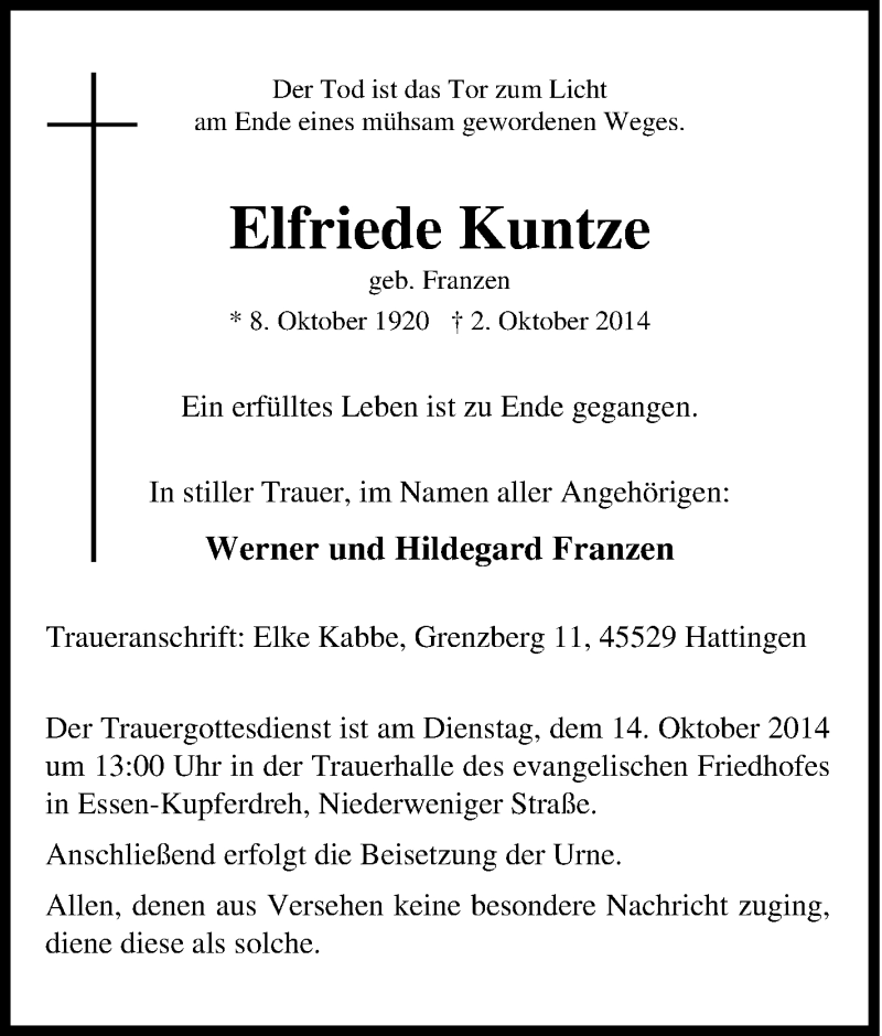  Traueranzeige für Elfriede Kuntze vom 11.10.2014 aus Tageszeitung