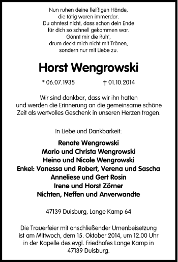 Traueranzeige von Horst Wengrowski von Tageszeitung