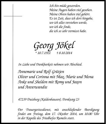 Traueranzeige von Georg Jökel von Tageszeitung