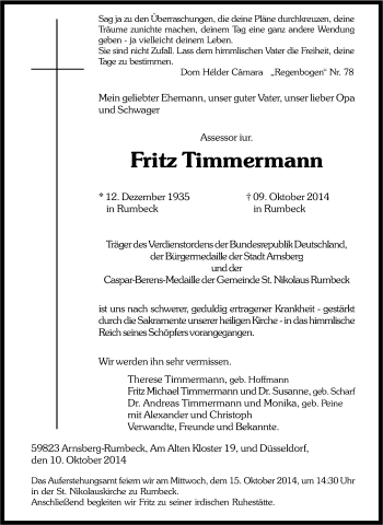 Traueranzeige von Fritz Timmermann von Tageszeitung