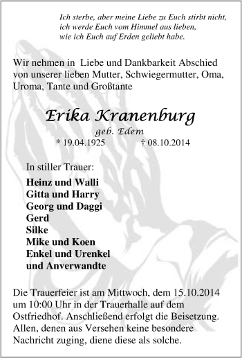 Traueranzeige von Erika Kranenburg von Tageszeitung