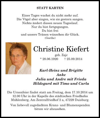 Traueranzeige von Christine Kiefert von Tageszeitung