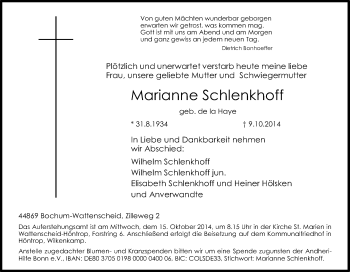 Traueranzeige von Marianne  Schlenkhoff von Tageszeitung