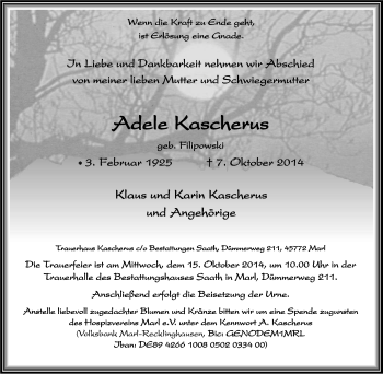 Traueranzeige von Adele Kascherus von Tageszeitung