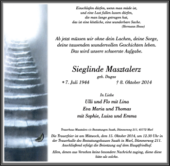 Traueranzeige von Sieglinde Masztalerz von Tageszeitung