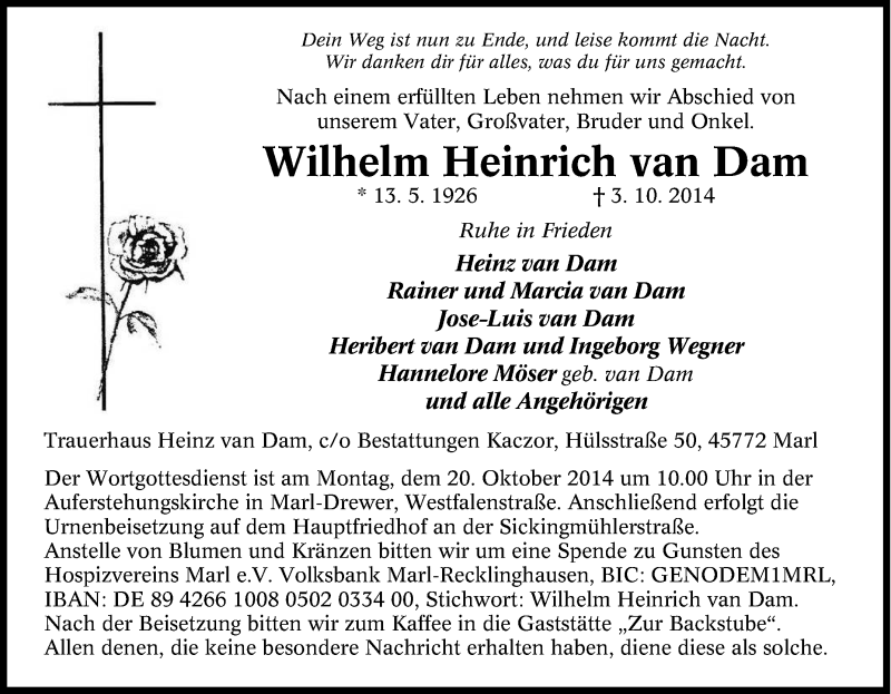  Traueranzeige für Wilhelm Heinrich van Dam vom 11.10.2014 aus Tageszeitung