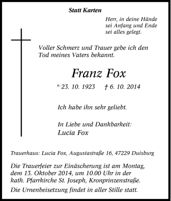 Traueranzeige von Franz Fox von Tageszeitung