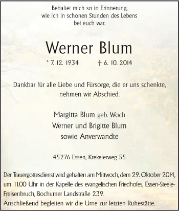 Traueranzeige von Werner Blum von Tageszeitung