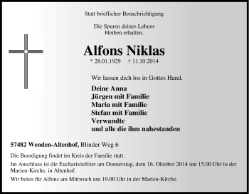 Traueranzeige von Alfons Niklas von Tageszeitung