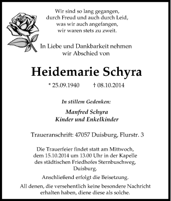Traueranzeige von Heidemarie Schyra von Tageszeitung