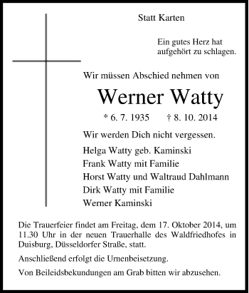 Traueranzeige von Werner Watty von Tageszeitung
