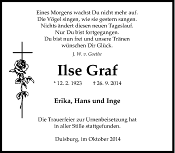Traueranzeige von Ilse Graf von Tageszeitung