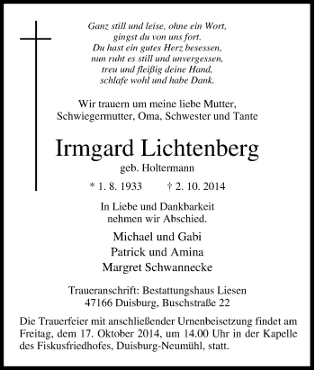 Traueranzeige von Irmgard Lichtenberg von Tageszeitung