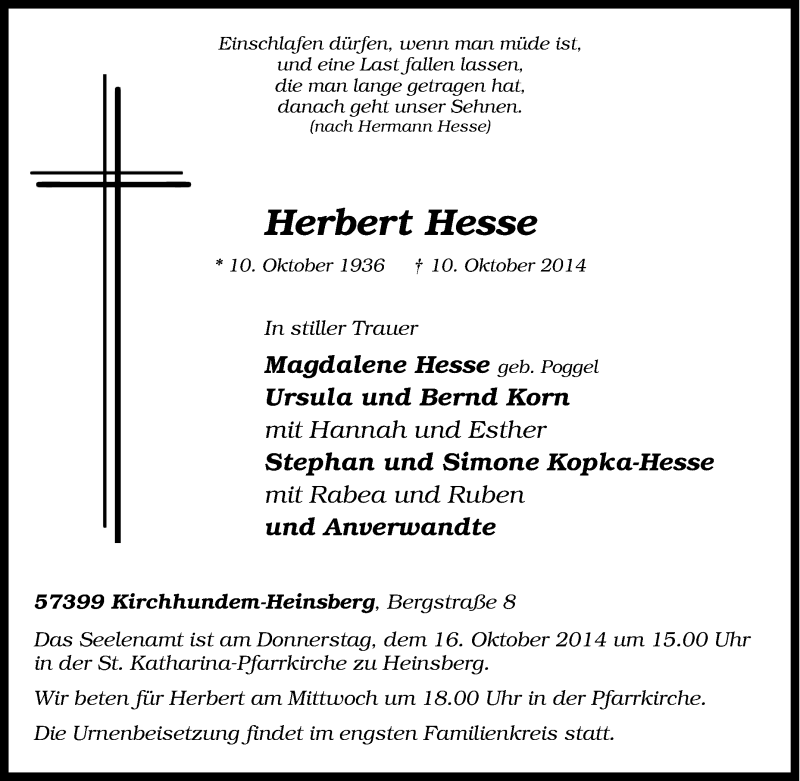  Traueranzeige für Herbert Hesse vom 13.10.2014 aus Tageszeitung