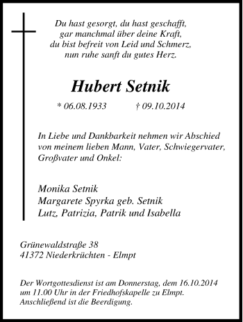 Traueranzeige von Hubert Setnik von Tageszeitung