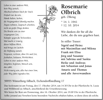 Traueranzeige von Rosemarie Olbrich von Tageszeitung