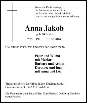 Traueranzeige von Anna Jakob von Tageszeitung