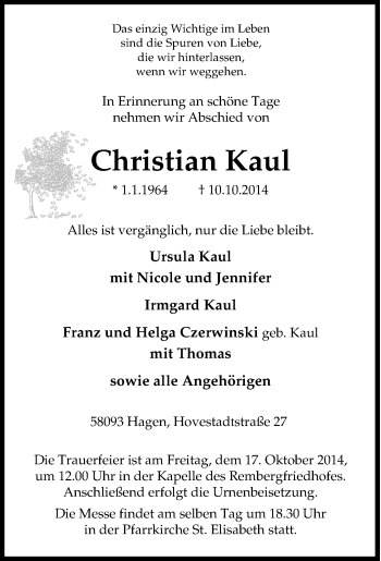 Traueranzeige von Christian Kaul von Tageszeitung