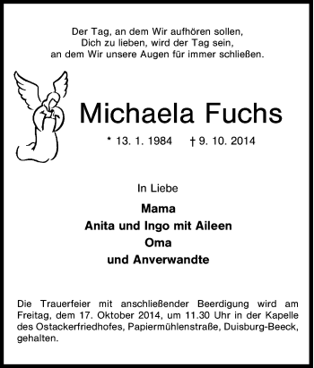 Traueranzeige von Michaela Fuchs von Tageszeitung