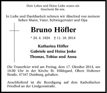 Traueranzeige von Bruno Höfler von Tageszeitung