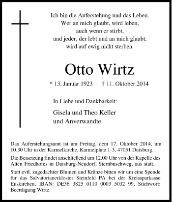 Traueranzeige von Otto Wirtz von Tageszeitung