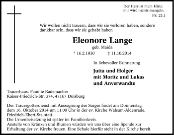 Traueranzeige von Eleonore Lange von Tageszeitung