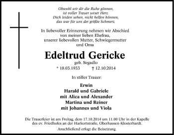 Traueranzeige von Edeltrud Gericke von Tageszeitung