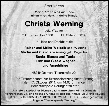 Traueranzeige von Christa Werning von Tageszeitung