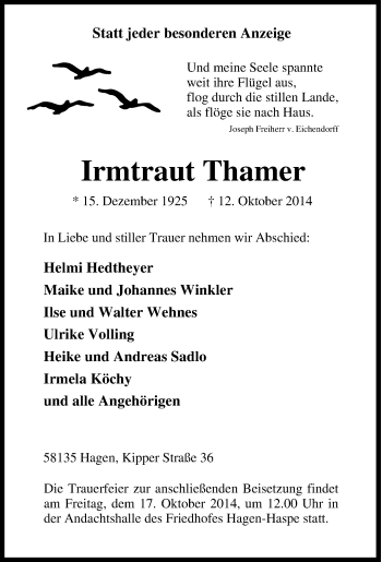 Traueranzeige von Irmtraut Thamer von Tageszeitung