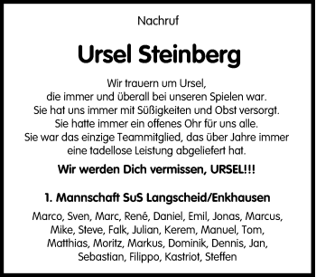 Traueranzeige von Ursel Steinberg von Tageszeitung