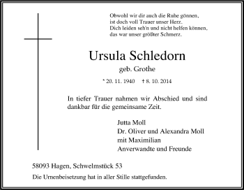 Traueranzeige von Ursula Schledorn von Tageszeitung