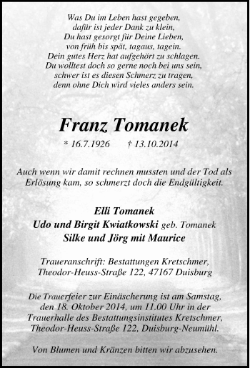 Traueranzeige von Franz Tomanek von Tageszeitung