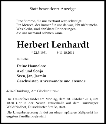 Traueranzeige von Herbert Lenhardt von Tageszeitung