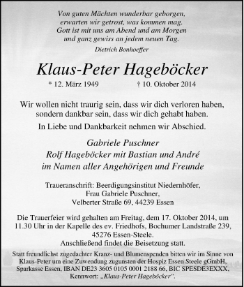 Traueranzeige von Klaus-Peter Hageböcker von Tageszeitung