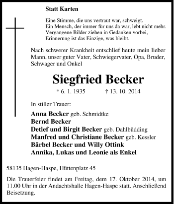 Traueranzeige von Siegfried Becker von Tageszeitung