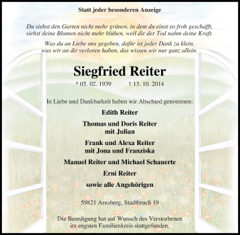Traueranzeige von Siegfried Reiter von Tageszeitung