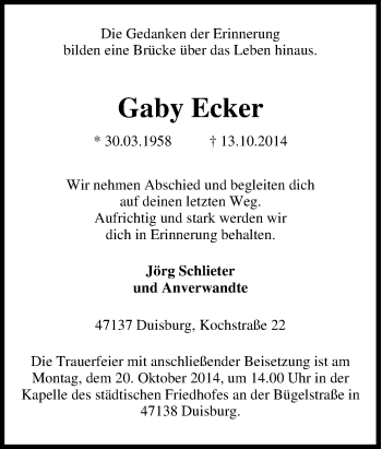 Traueranzeige von Gaby Ecker von Tageszeitung